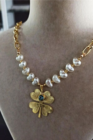 Gold Kaplama Altın Renk Inci Kalpli Nazar Boncuklu Yonca Bijuteri Zincirli Kolye