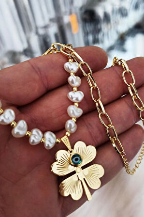 Gold Kaplama Altın Renk Inci Kalpli Nazar Boncuklu Yonca Bijuteri Zincirli Kolye