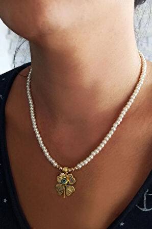 Gold Kaplama Altın Renk Inci Taşlı Nazar Boncuklu Yonca Bijuteri Zincirli Kolye