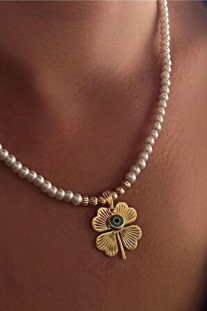 Gold Kaplama Altın Renk Inci Taşlı Nazar Boncuklu Yonca Bijuteri Zincirli Kolye