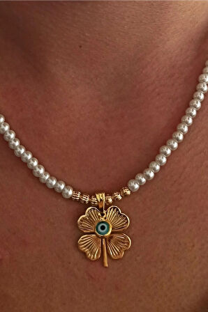 Gold Kaplama Altın Renk Inci Taşlı Nazar Boncuklu Yonca Bijuteri Zincirli Kolye