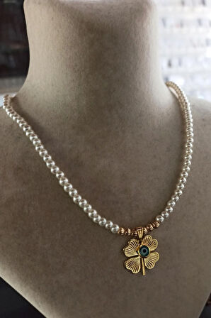 Gold Kaplama Altın Renk Inci Taşlı Nazar Boncuklu Yonca Bijuteri Zincirli Kolye