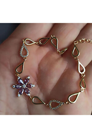 Altın Kaplama Zirkon Taşlı Nergis Çiçeği Gümüş Bileklik