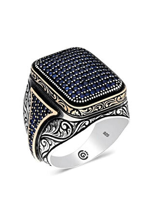 Homero Lacivert Zirkon Yanı Taşlı Işlemeli Özel Seri Erkek Gümüş Yüzük
