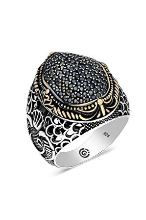 Faraba Siyah Zirkon Taşlı Yanı Vav Özel Seri Erkek Gümüş Yüzük