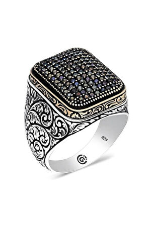 Kabala Siyah Zirkon Taşlı Yanı Işli Özel Seri Erkek Gümüş Yüzük