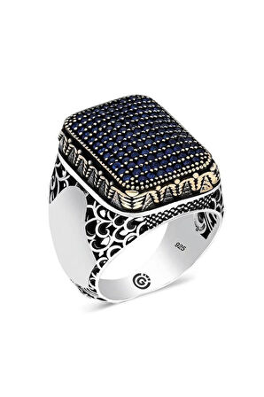 Heded Lacivert Zirkon Taşlı Yanı Işli Özel Seri Erkek Gümüş Yüzük