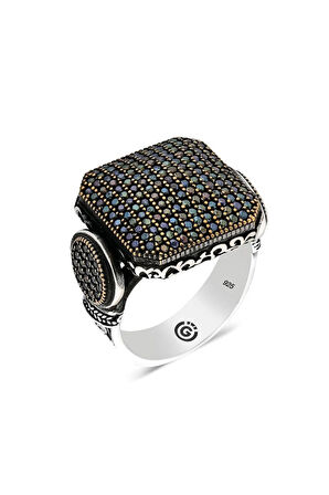 Asab Siyah Zirkon Yanı Taşlı Kare Özel Seri Erkek Gümüş Yüzük