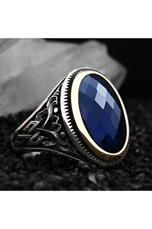 Lacivert Safir Kristal Kesim Taşlı Özel Seri Erkek Gümüş Yüzük