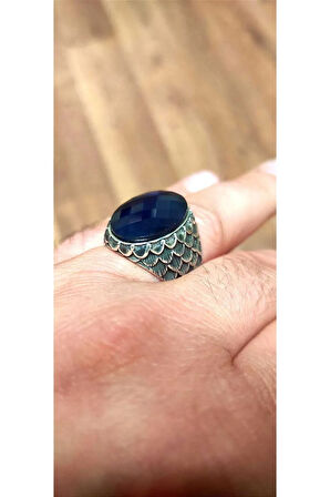 Erkek Gümüş Yüzük - Anka Model - Lacivert Safir Kristal Kesim Taşlı Özel Seri Erkek Gümüş Yüzük
