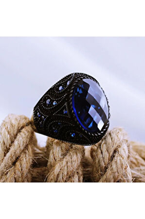 Lacivert Safir Kristal Kesim Mikro Taşlı Özel Seri Erkek Gümüş Yüzük - Ey3105