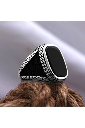 Siyah Oniks Taşlı Örme Işlemeli Özel Seri Erkek Gümüş Yüzük - Ey3130