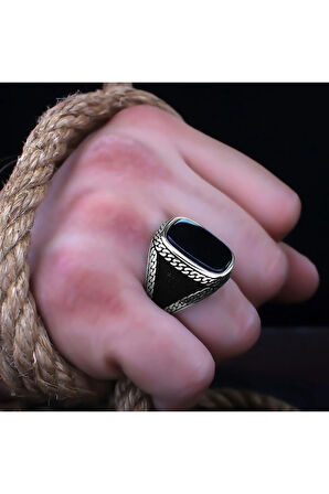 Siyah Oniks Taşlı Örme Işlemeli Özel Seri Erkek Gümüş Yüzük - Ey3130