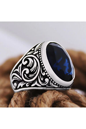 Lacivert Safir Taşlı Yanı Işlemeli Özel Seri Erkek Gümüş Yüzük