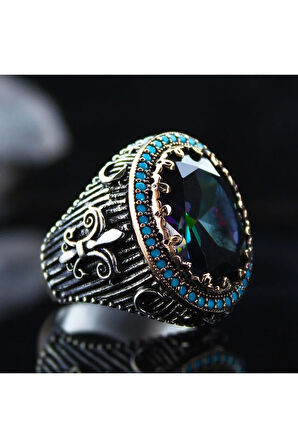 Karışık Renk Mistik Topaz Taşlı Yanı Işlemeli Özel Seri Erkek Gümüş Yüzük - Ey3126
