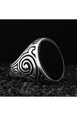 Siyah Oniks Taşlı Geometrik Desen Özel Seri Erkek Gümüş Yüzük