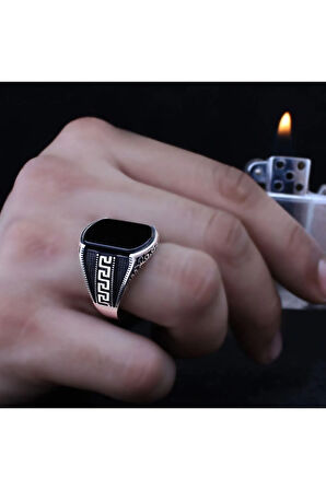 Siyah Oniks Taşlı Grek Desen Özel Seri Erkek Gümüş Yüzük - Ey3089