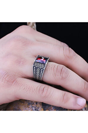 Kırmızı Yakut Taşlı Grek Desen Işlemeli Özel Seri Erkek Gümüş Yüzük - Ey3114