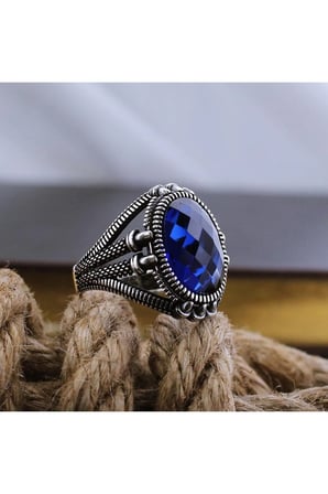 Lacivert Safir Kristal Kesim Taşlı Pençe Model Özel Seri Erkek Gümüş Yüzük