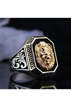 Erkek Gümüş Yüzük - Altın Renk Aslan Işlemeli Grek Desen Özel Seri Erkek Gümüş Yüzük