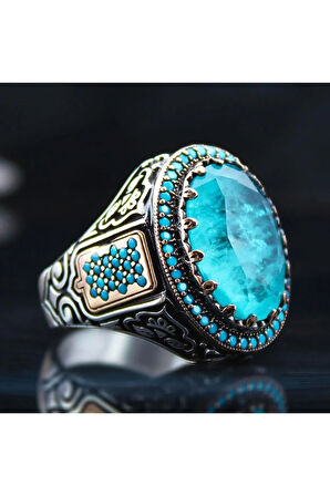 Turkuaz Paraiba Taşlı Mikro Taş Işlemeli Özel Seri Erkek Gümüş Yüzük - Ey3101