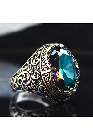 Karışık Renk Mistik Topaz Yanı Işlemeli Özel Seri Erkek Gümüş Yüzük - Ey3100