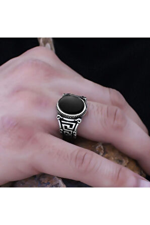 Siyah Oniks Taşlı Grek Desen Özel Seri Erkek Gümüş Yüzük - Ey3089