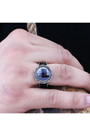 Yuvarlak Siyah Oniks Taşlı Kristal Kesim Özel Seri Erkek Gümüş Yüzük - Ey3088