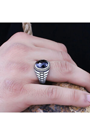 Siyah Oniks Kristal Kesim Yuvarlak Taşlı Özel Seri Erkek Gümüş Yüzük