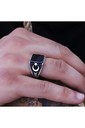 Siyah Oniks Kare Taşlı Ay Yıldız Işlemeli Özel Seri Erkek Gümüş Yüzük