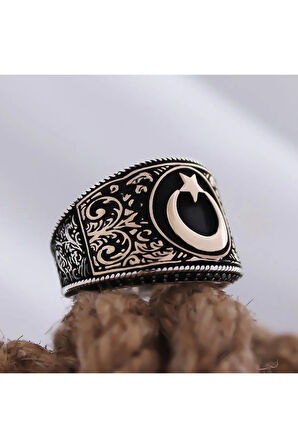 Ay Yıldız Motifli Yanı Işlemeli Özel Seri Erkek Gümüş Yüzük