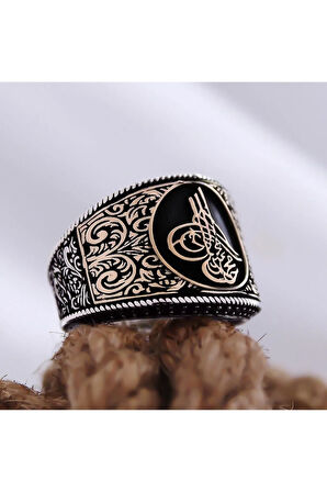 Osmanlı Tuğralı Yanı Işlemeli Özel Seri Erkek Gümüş Yüzük