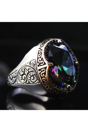 Karışık Renk Mistik Topaz Mikrotaş Işlemeli Özel Seri Erkek Gümüş Yüzük