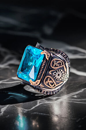 Aquamarine ve Siyah Taşlarla Süslenmiş Erkek Gümüş Yüzük 925 Ayar Kalite