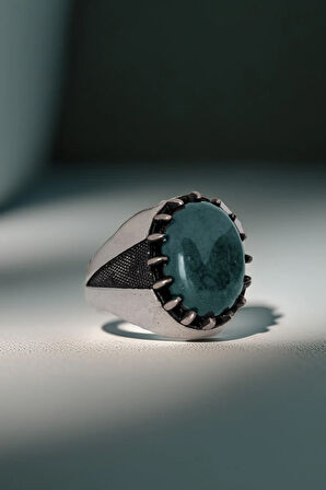 Yeşil Akik Taşlı 925 Ayar Gümüş Erkek Yüzük El İşçiliği Kalem İşlemeli Tasarım