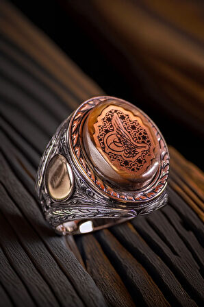 Erkek Sıkma Kehribar Taşlı 925 Ayar Gümüş Osmanlı Tuğralı Ayarlanabilir Yüzük Harf Yazılabilir