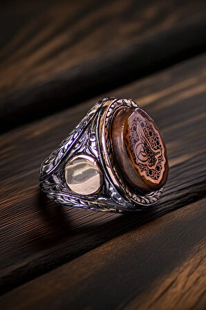 Erkek Sıkma Kehribar Taşlı 925 Ayar Gümüş Osmanlı Tuğralı Ayarlanabilir Yüzük Harf Yazılabilir