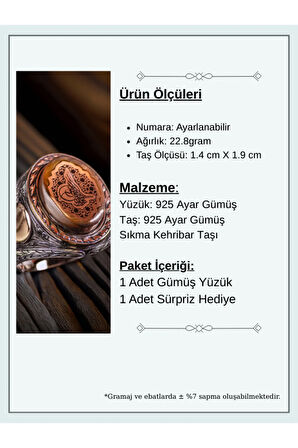 Erkek Sıkma Kehribar Taşlı 925 Ayar Gümüş Osmanlı Tuğralı Ayarlanabilir Yüzük Harf Yazılabilir