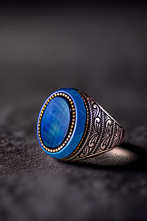 Erkek Kehribar Detaylı Mavi Kaplan Gözü Taşı 925 Ayar Gümüş Yüzük