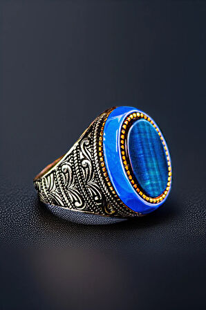 Erkek Kehribar Detaylı Mavi Kaplan Gözü Taşı 925 Ayar Gümüş Yüzük