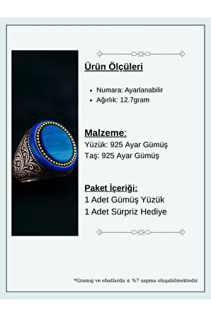 Erkek Kehribar Detaylı Mavi Kaplan Gözü Taşı 925 Ayar Gümüş Yüzük