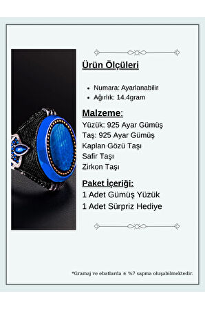 Erkek Kehribar Detaylı Mavi Kaplan Gözü Ve Yanı Damla Model Safir Taşlı 925 Ayar Gümüş Yüzük