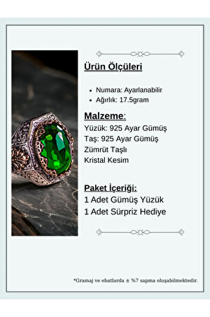 Erkek Kristal Kesim Zümrüt Taşlı Yanı Desenli 925 Ayar Gümüş Yüzük