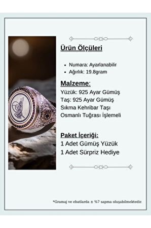 Erkek Sıkma Kehribar Taşlı Osmanlı Tuğrası İşlemeli Nostaljik Model 925 Ayar Gümüş Yüzük