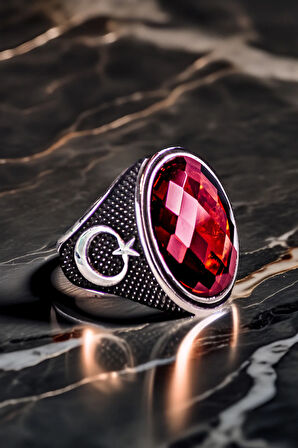 Erkek Kırmızı Zirkon Taşlı Yanı Ay Yıldız Motifli 925 Ayar Gümüş Yüzük