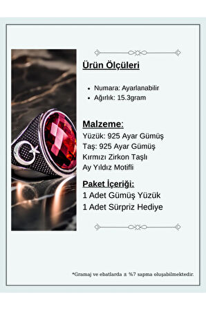 Erkek Kırmızı Zirkon Taşlı Yanı Ay Yıldız Motifli 925 Ayar Gümüş Yüzük