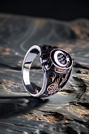 Erkek Ay Yıldız İşlemeli Yanı Tuğra İşlemeli Siyah 925 Ayar Gümüş Yüzük