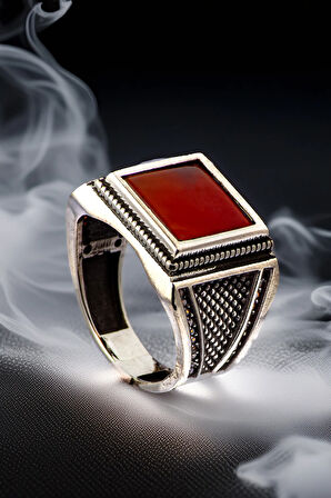 Erkek Gümüş Yüzük - Kırmızı Akik Taşlı Gümüş Yüzük