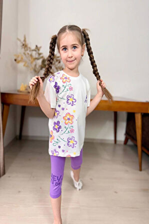 Çiçek Desenli Lila Renk Kız Çocuk Kapri Taytlı Takım