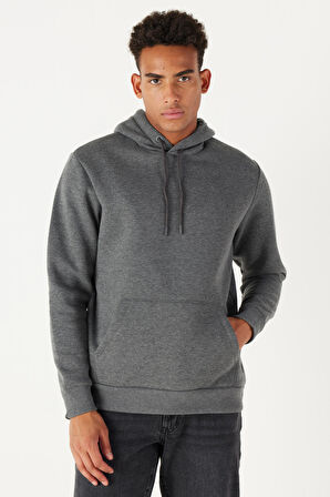 Erkek Antrasit-melanj Standart Fit Içi Polarlı 3 Iplik Kapüşonlu Pamuklu Sweatshirt